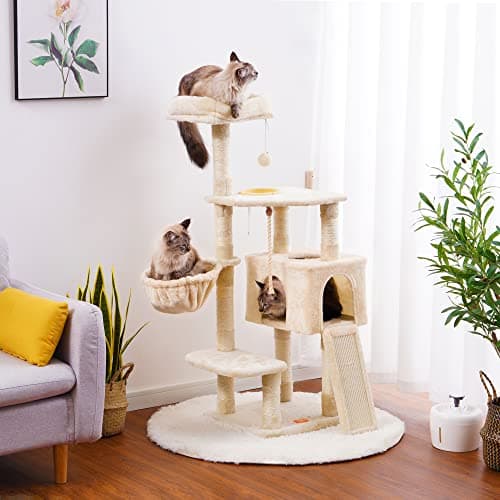 Heybly Multi-Level Cat Tree with Feeding Bowl and Scratching Board for Indoor Cats