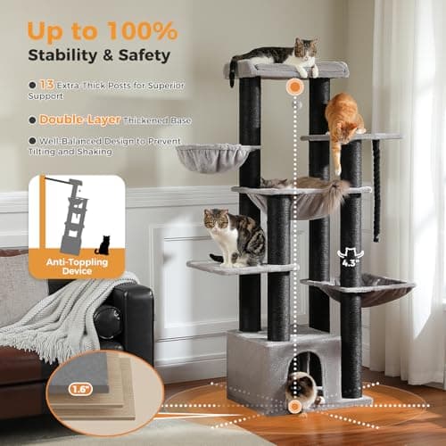 Gray 67in Tall Cat Tree for Indoor Maine Coons with 13 Thick Scratching Posts