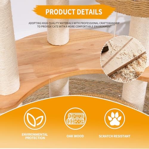 "Luxury Oak Cat Tree Tower for Multiple Cats, Manual Hand Woven, Easy Clean"