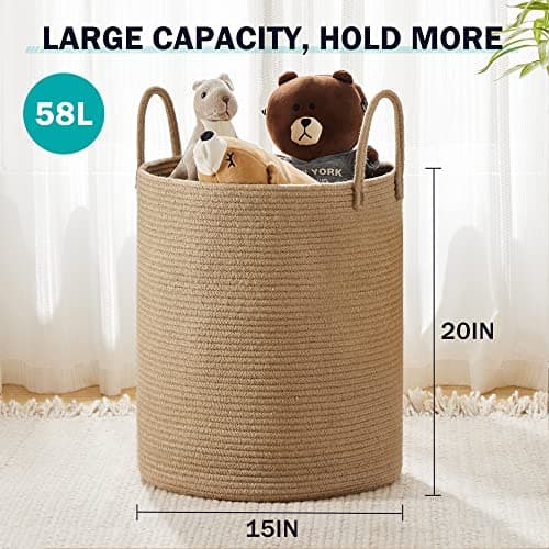 YOUDENOVA Tall 58L Jute Rope Laundry Hamper for Bedroom and Baby Nursery