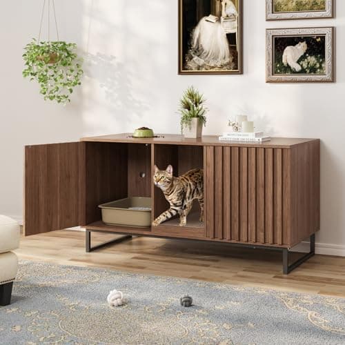 Cat Litter Box Enclosure for 2 Cats, Brown TV Stand & Washroom