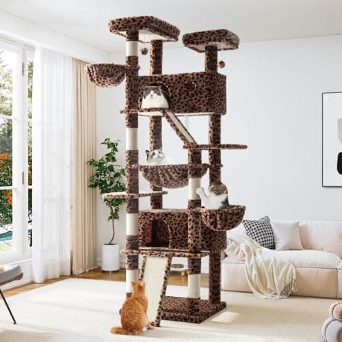 Allewie 81" Tall Multi-Level Cat Tree with Condo, Hammock & Scratching Post, Grey — Leopard Print