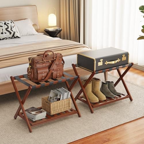 Bamboo Luggage Rack for Guest Room - 2 Pack, 26.77 Folding Suitcase Stand with Storage Shelf (Natural) — Brown