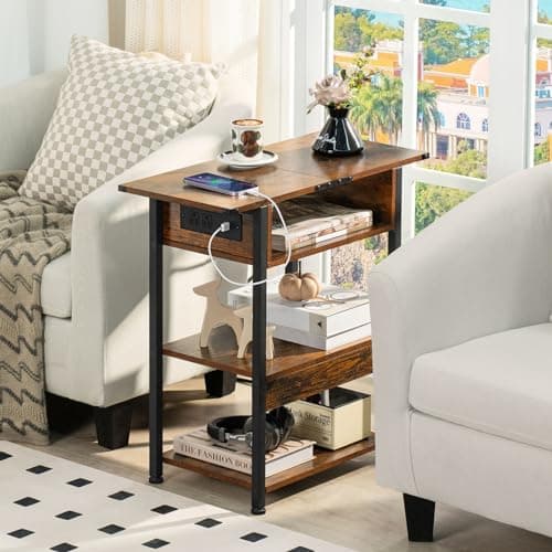 Lerliuo Narrow Side Table with Charging Station, Brown Nightstand for Small Spaces