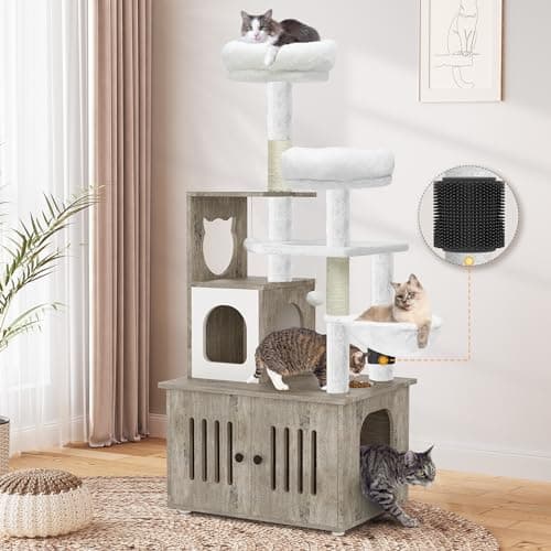 YITAHOME 2-in-1 Cat Tree and Litter Box Enclosure - Modern Indoor Cat Tower with Wood House, Perch, and Hammocks, 59 Inch, Gray