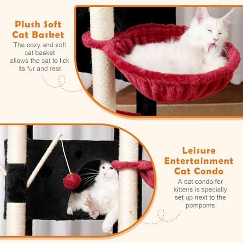Heybly Large Indoor Cat Tree for Adult Cats, 68.1-inch Tall with Sisal Scratching Posts, Multi-Level with Hammocks, Black and Red HCT035BR