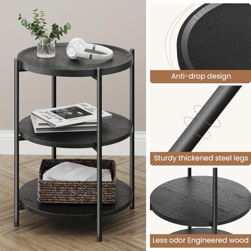Modern 3-Tier Side Table with Wheels, Black, for Living Room or Bedroom