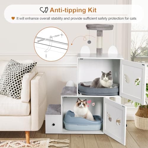 Snughome White 3-in-1 Wooden Cat Tower with Hidden Litter Box-Stairs
