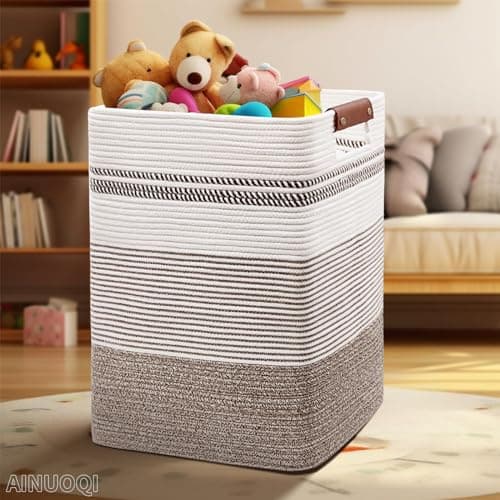 Large Tall Woven Rope Laundry Hamper with Leather Handles - Dark Blue & White — Rice Brown & White