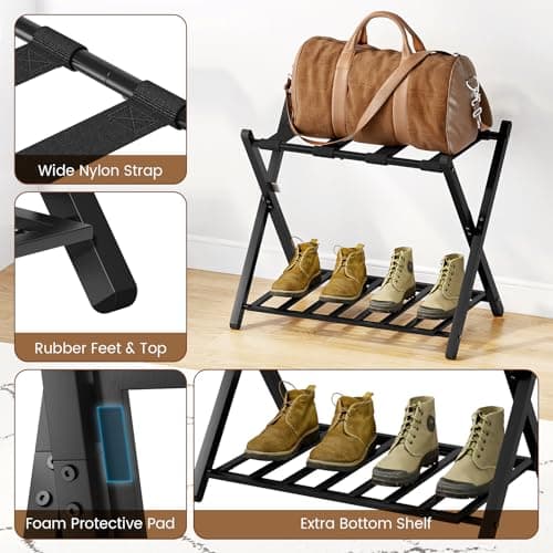 Black Foldable Luggage Rack for Guest Room, 150 lb Capacity, Magnetic Lock, Steel Shelf