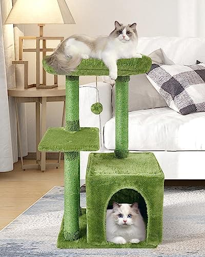 Beige Sisal Cat Tree withJump Platform and Scratching Posts — Green