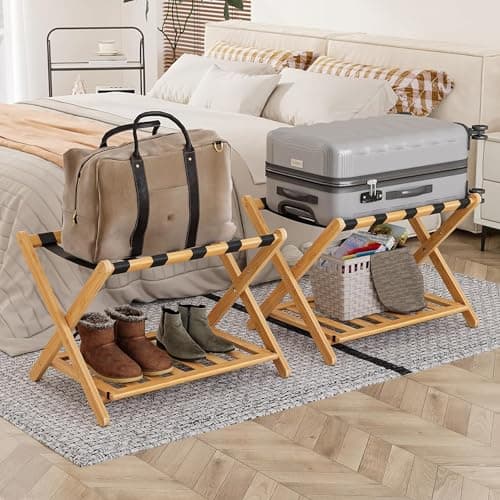 Fully Assembled Bamboo Luggage Stand with Storage, 5 Nylon Straps, Heavy Duty, Natural