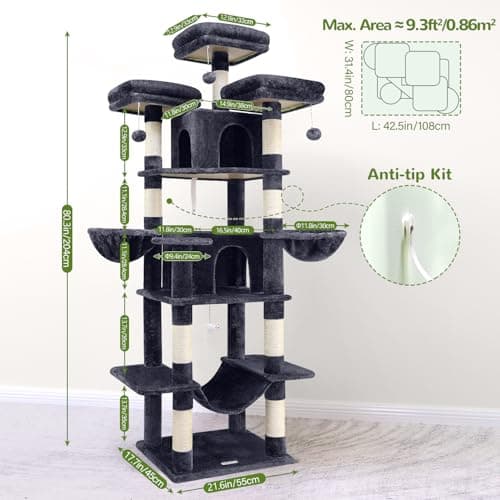 XXL F80 Indoor Cat Tower with Hammock, Scratching Post & 3 Perches Dark Grey