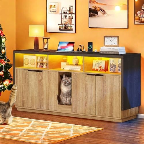 YITAHOME Double Hidden Cat Litter Box for 2 Cats, Gray Oak Enclosure with Outlet & Light