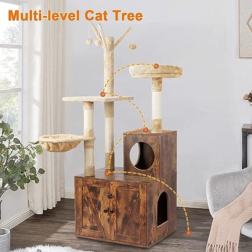 Cat Litter Box Enclosure with Tree Tower Furniture