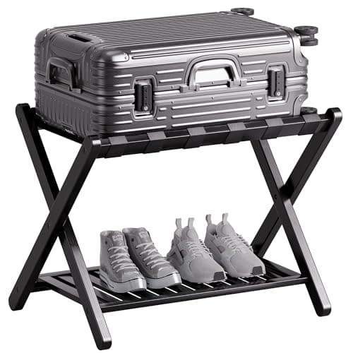 SMIBUY Natural Foldable Bamboo Luggage Rack with Storage Shelf — Black