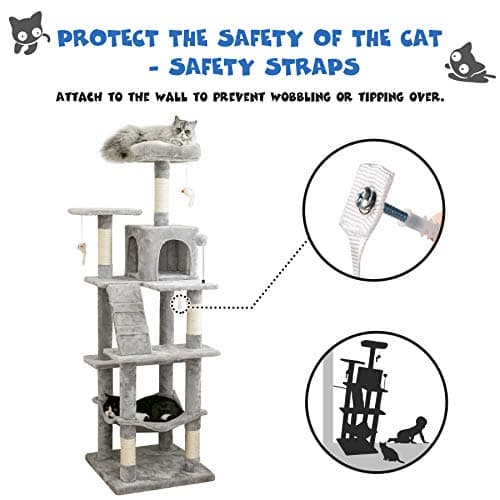 Stable Light Gray MWPO 63.8inch Multi-Level Cat Tree for Large Cats