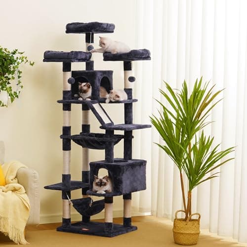 Heybly 73" Tall Smoky Gray Cat Tree for Large Cats, Heavy Duty Condo with Padded Perch and Scratching Posts