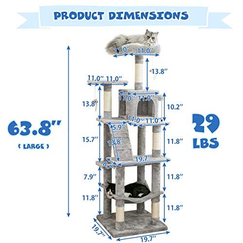 Stable Light Gray MWPO 63.8inch Multi-Level Cat Tree for Large Cats