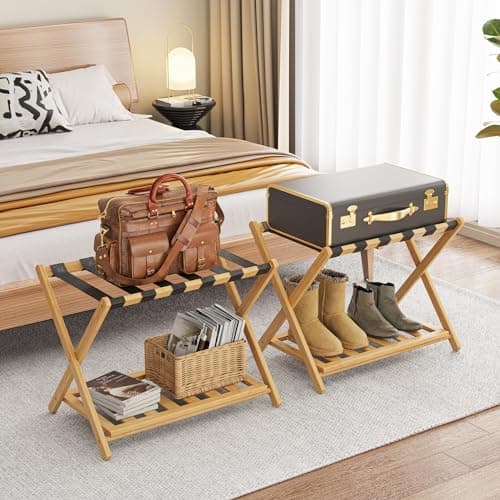 Bamboo Luggage Rack for Guest Room - 2 Pack, 26.77 Folding Suitcase Stand with Storage Shelf (Natural)