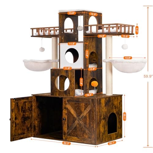 Modern Cat Tree with Litter Box Enclosure and Scratching Posts for Large Cats