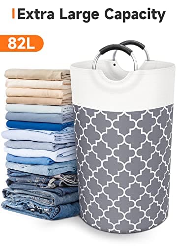 Large Collapsible Laundry Hamper Bag with Handles, 82L Waterproof Storage for College Dorm and Family (Grey)