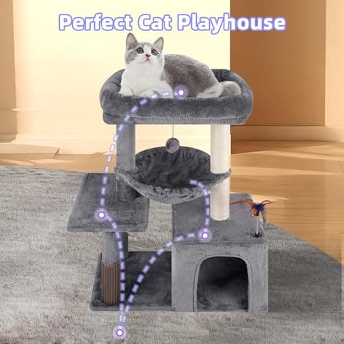 Grey Cat Tree with Condo & Scratching Post for Indoor Cats