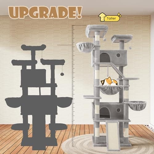 SHA CERLIN 81in Multi-Level Cat Tree Tower with Hammock & Sisal Posts, Grey