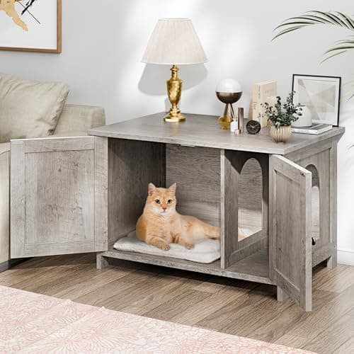Shintenchi Cat Litter Box with Removable Divider & End Table, Grey