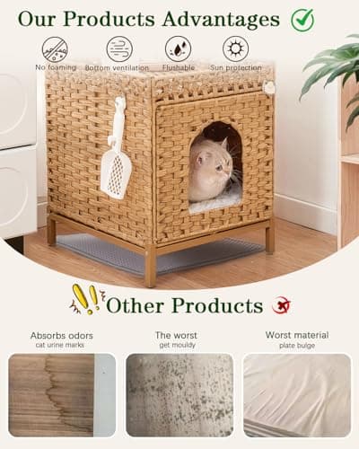 Hidden Rattan Cat House with Litter Mat & Metal Feet