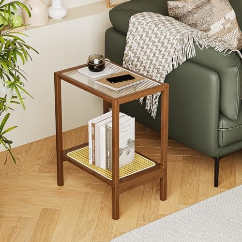 Bamworld Rattan 2-Tier Side Table with Storage Boho Living Room Glasstop Narrow Coffee Table