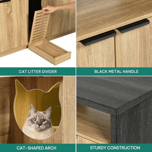 YITAHOME Double Hidden Cat Litter Box for 2 Cats, Gray Oak Enclosure with Outlet & Light