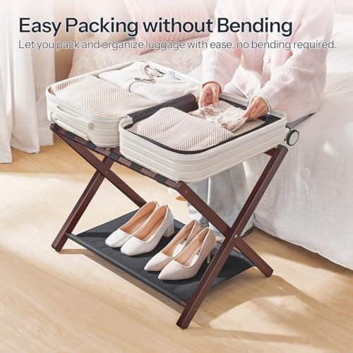 Bamboo HOOBRO Luggage Rack, Folding Holder with Straps, Brown & Black BR17XL01