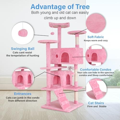 54in Multi-Level Cat Tree with Scratching Post and Cozy Platforms - Space-Saving Indoor Condo for Cats, Pink