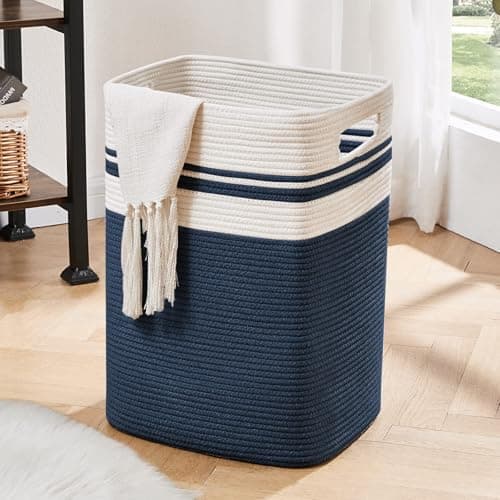 OIAHOMY Collapsible Storage Basket, Tall Cotton Hamper with Handles-Yellow Variegated — Blue
