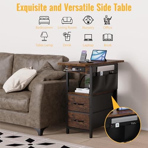 Narrow Side Table with Charging Station for Living Room and Bedroom