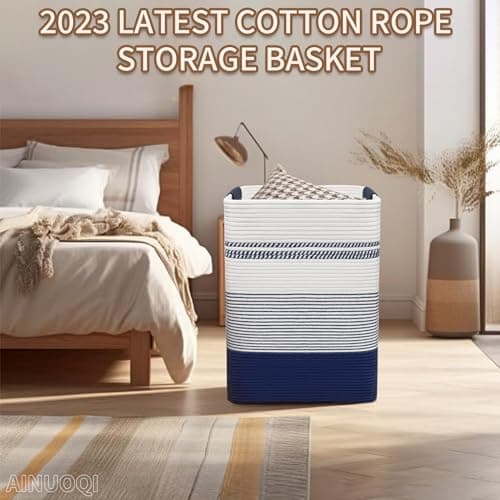 Large Tall Woven Rope Laundry Hamper with Leather Handles - Dark Blue & White