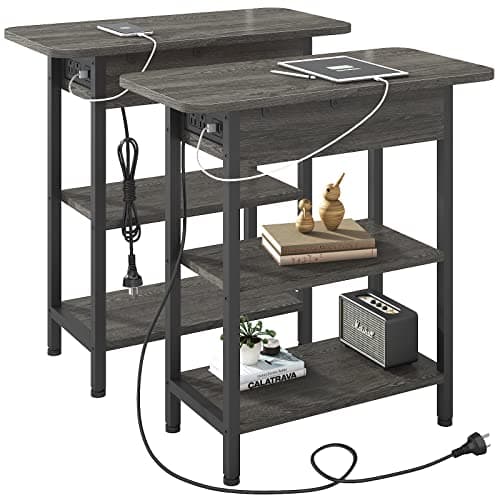 LIDYUK Flip Top Side Table with USB Ports & Outlets, White — Dark Grey
