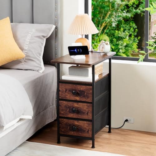 AMHANCIBLE Rustic Brown Narrow Side Table with Charging Station for Living Room and Bedroom