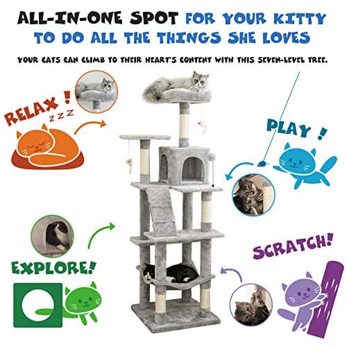 Stable Light Gray MWPO 63.8inch Multi-Level Cat Tree for Large Cats