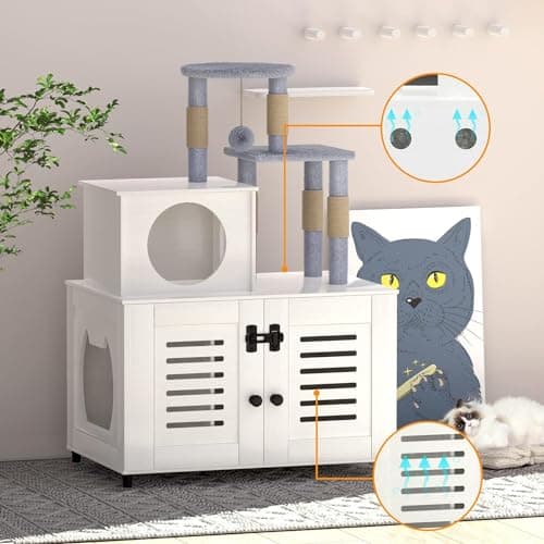 White All-in-One Cat Cabinet with Litter Box, Scratching Post, Soft Perch & Divider