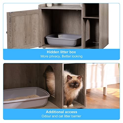 Hey-Brother Rustic Gray Cat Tree with XL Litter Box, Modern Pet Furniture MPJ101SG