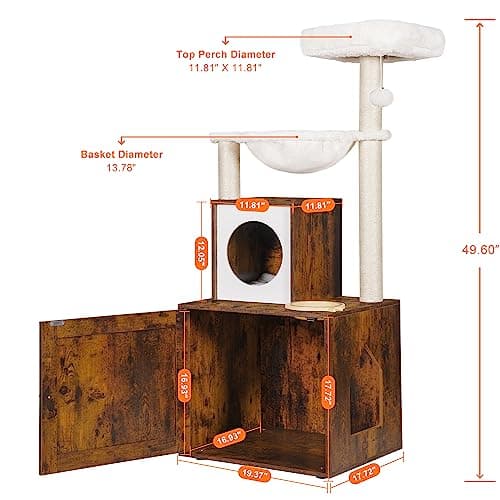 Heybly Wood Litter Box & Cat Tree Enclosure, Modern Style Cat Tower with Hammock