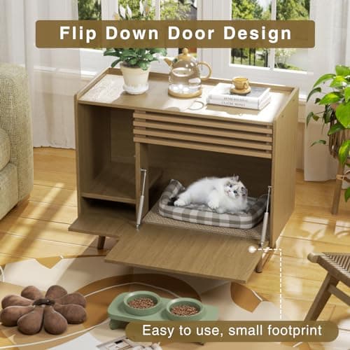 Mid-Century Modern Cat Litter Box with Scratch Pad & Flip-Down Opening 32.8" x 18.7" x 29"H Natural