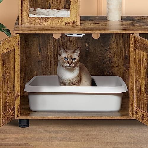 Yaheetech Cat House with Litter Box Enclosure and Tree - All-in-One Wooden Furniture in Rustic Brown/Beige