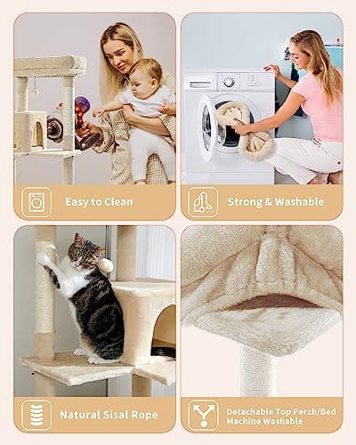PETEPELA 56.3" Multi-Level Cat Tree with Scratch Posts, Condos, Hammock & Plush Perches Beige