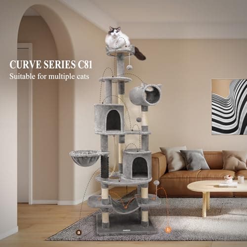 C81 Slim 81-inch Curved Cat Tower for Small Cats, Light Gray