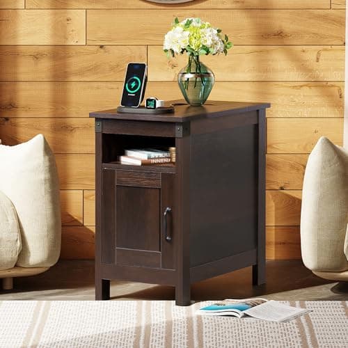 WLIVE Living Room End Table with Charging Station and Storage, Espresso Finish