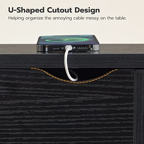 HOOBRO Black Narrow Nightstand with Charging Station BK341BZ01