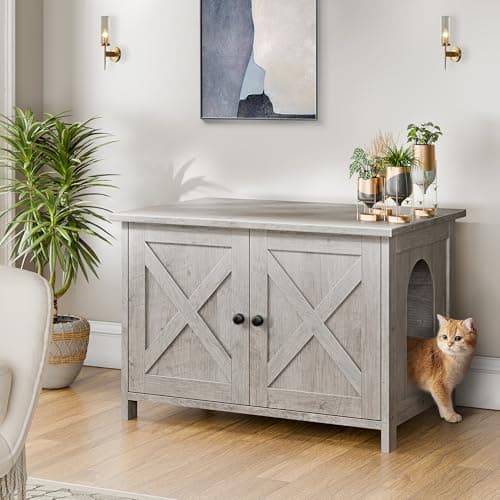Shintenchi Cat Litter Box with Removable Divider & End Table, Grey